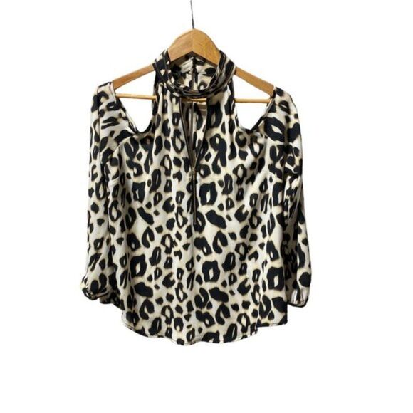 BEBE High Neck Cut Out Shoulder Flowy Leopard Print Blouse - Picture 2 of 5